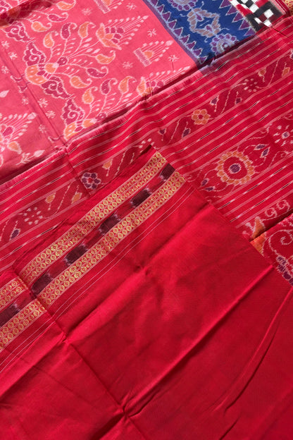 Exclusive Curvilinear Sambalpuri Ikkat Pure Cotton Saree - Pink, Blue & Red