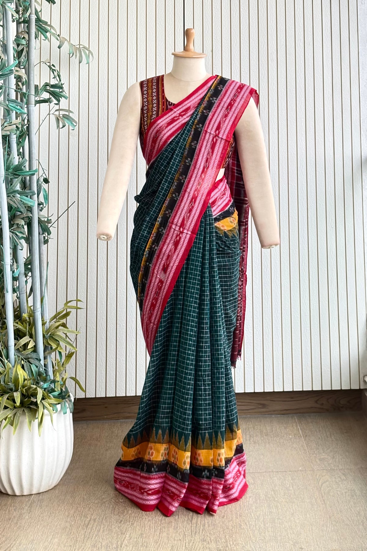 Odisha Ikkat Khandua Cotton Saree - Bottle Green