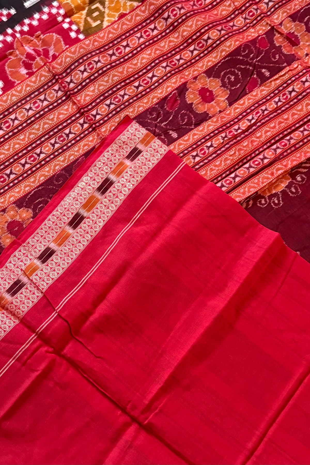 Sambalpuri Pure Cotton Saree - Mustard & Red