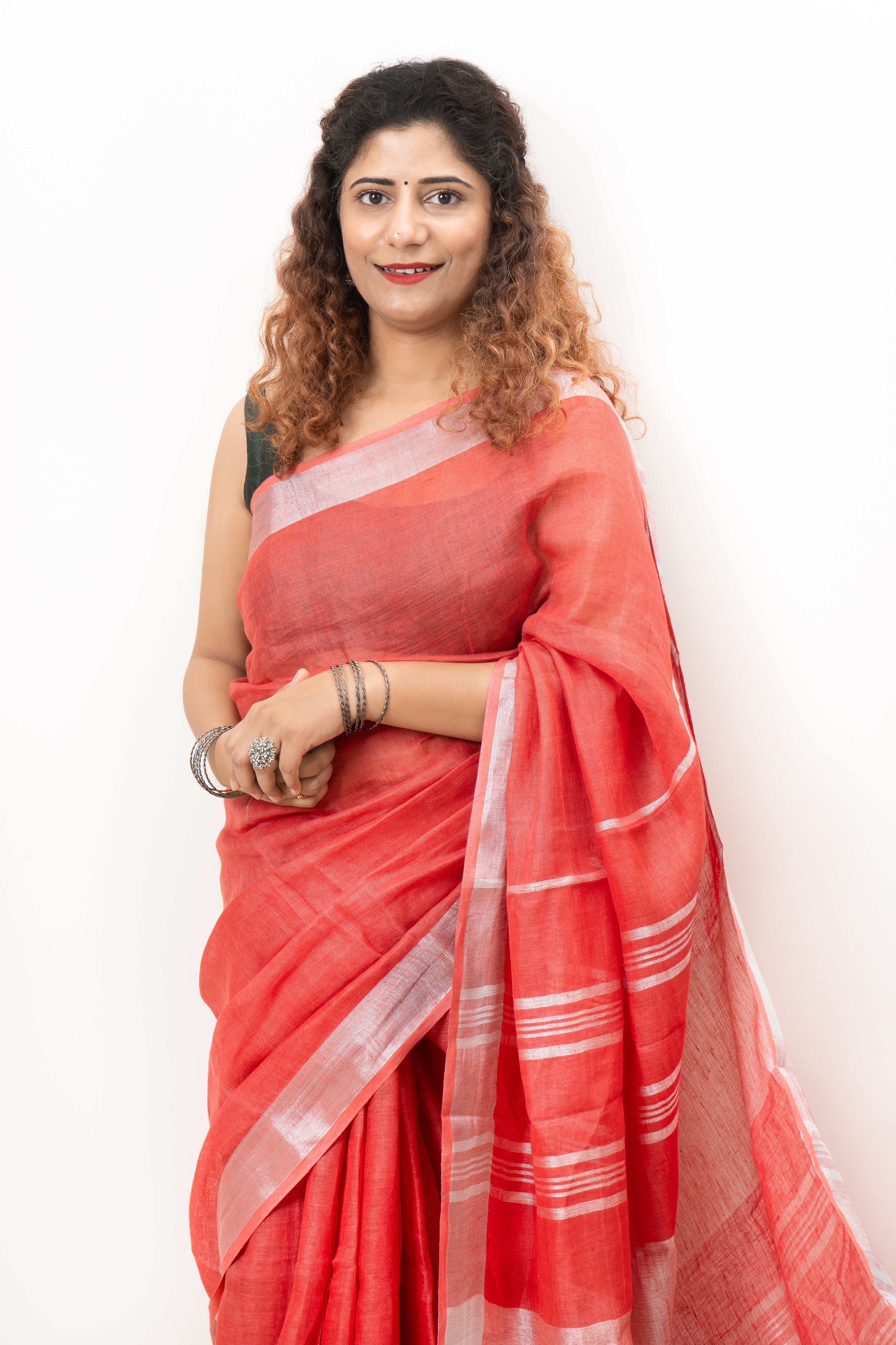 Pure Linen Saree- Red