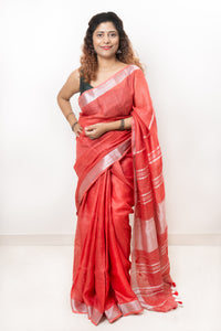 Pure Linen Saree- Red