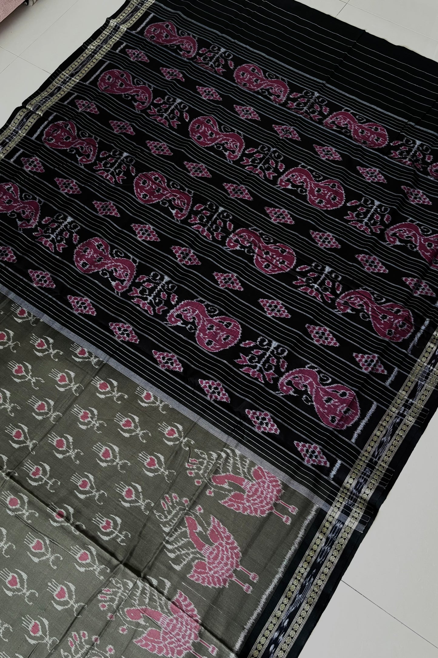 Odisha Ikkat Khandua Cotton Saree-  Olive Green