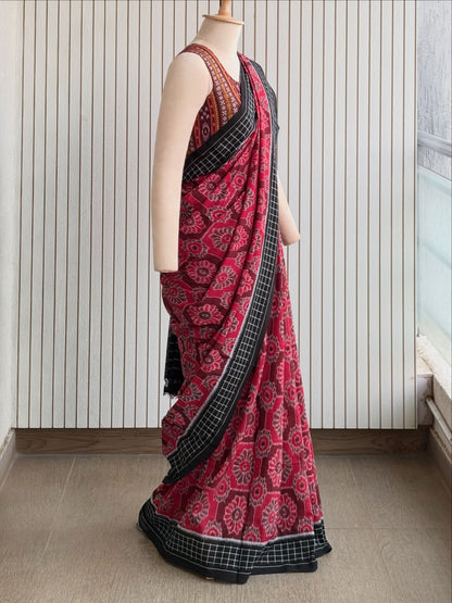 Exclusive Odisha Ikkat Khandua Cotton Saree - Red-Black