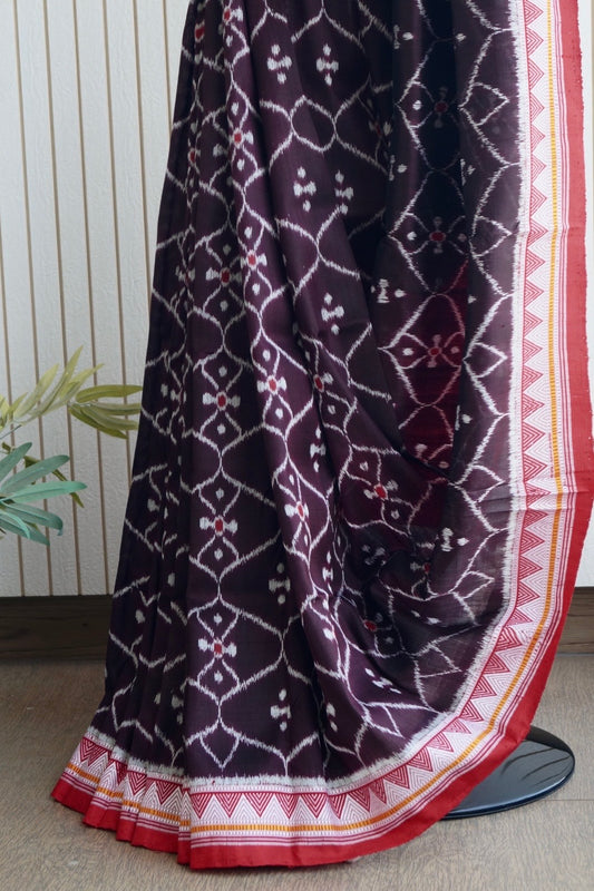 Exclusive Ikkat Dongria Pure Silk Saree- Deep Coffee