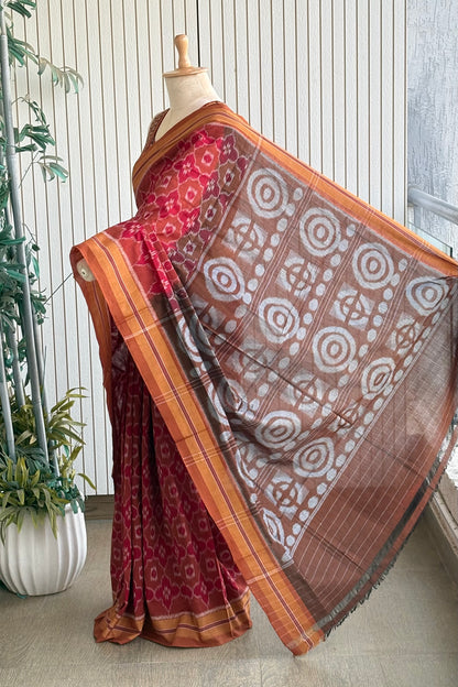 Odisha Ikkat Khandua Cotton Saree - Maroon-Brown