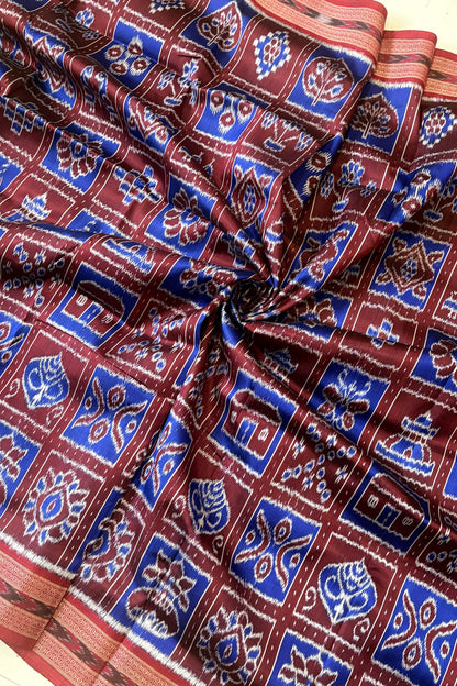 Exclusive Odisha Ikkat Nabakothi Pure Silk Saree- Maroon & Blue