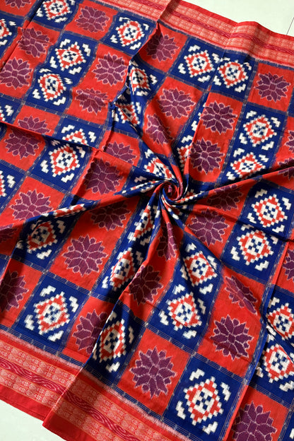 Exclusive Sambalpuri Pure Cotton Saree - Orange and Blue