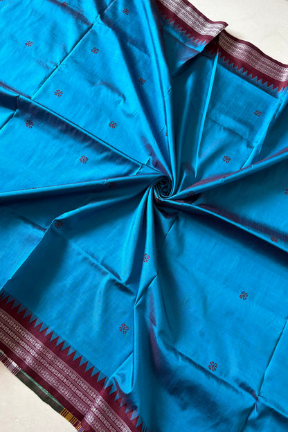 Exclusive Double Pallu Berhampuri Pure Silk Patta Saree - Blue & Deep Maroon