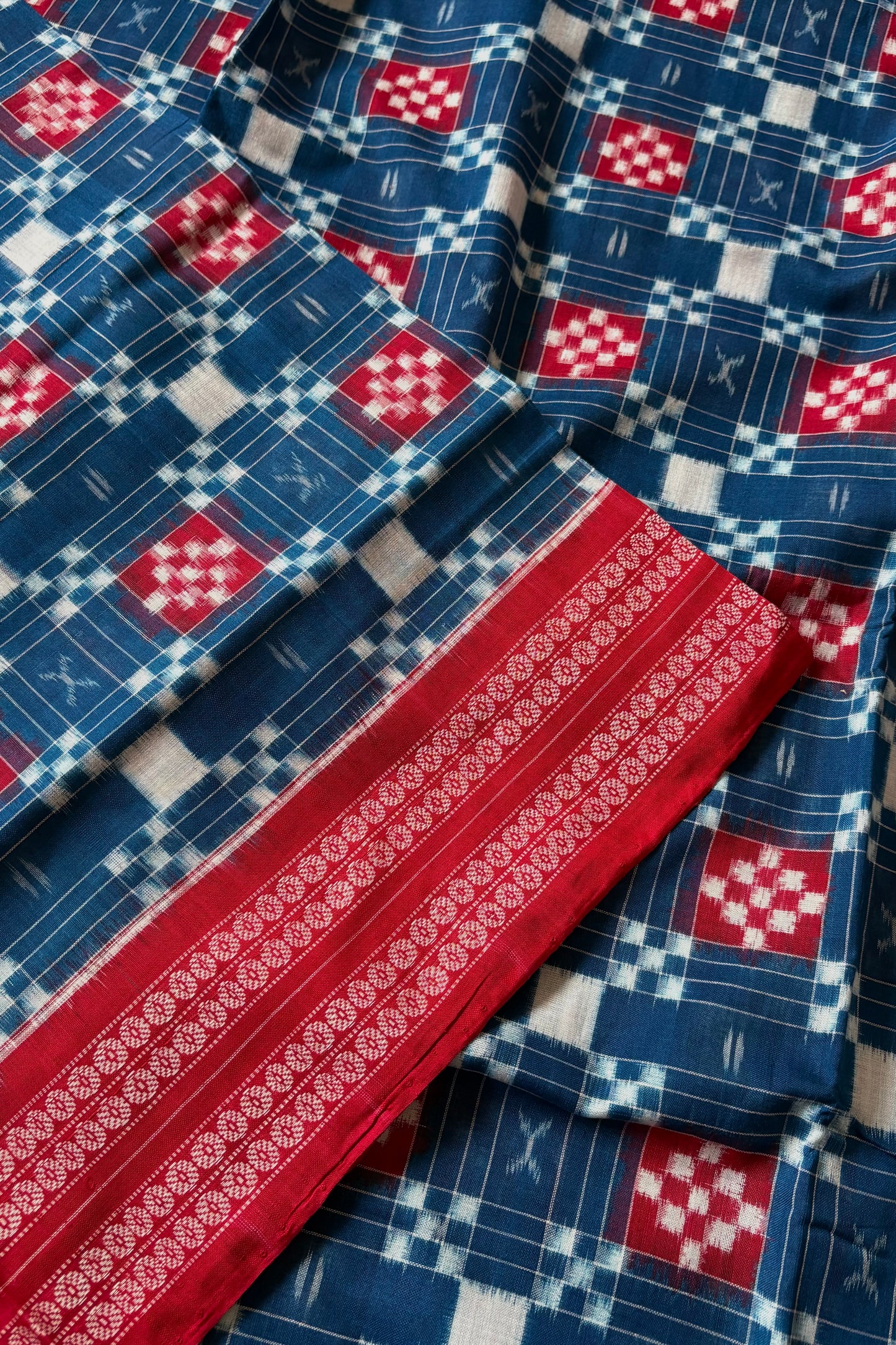 Sambalpuri Pure Cotton Saree: Blue & Red