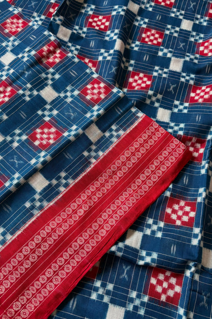 Sambalpuri Pure Cotton Saree: Blue & Red