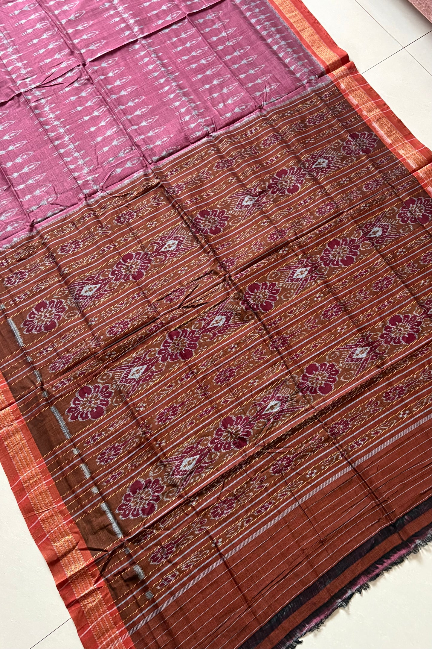 Odisha Ikkat Khandua Cotton Saree - Onion Pink