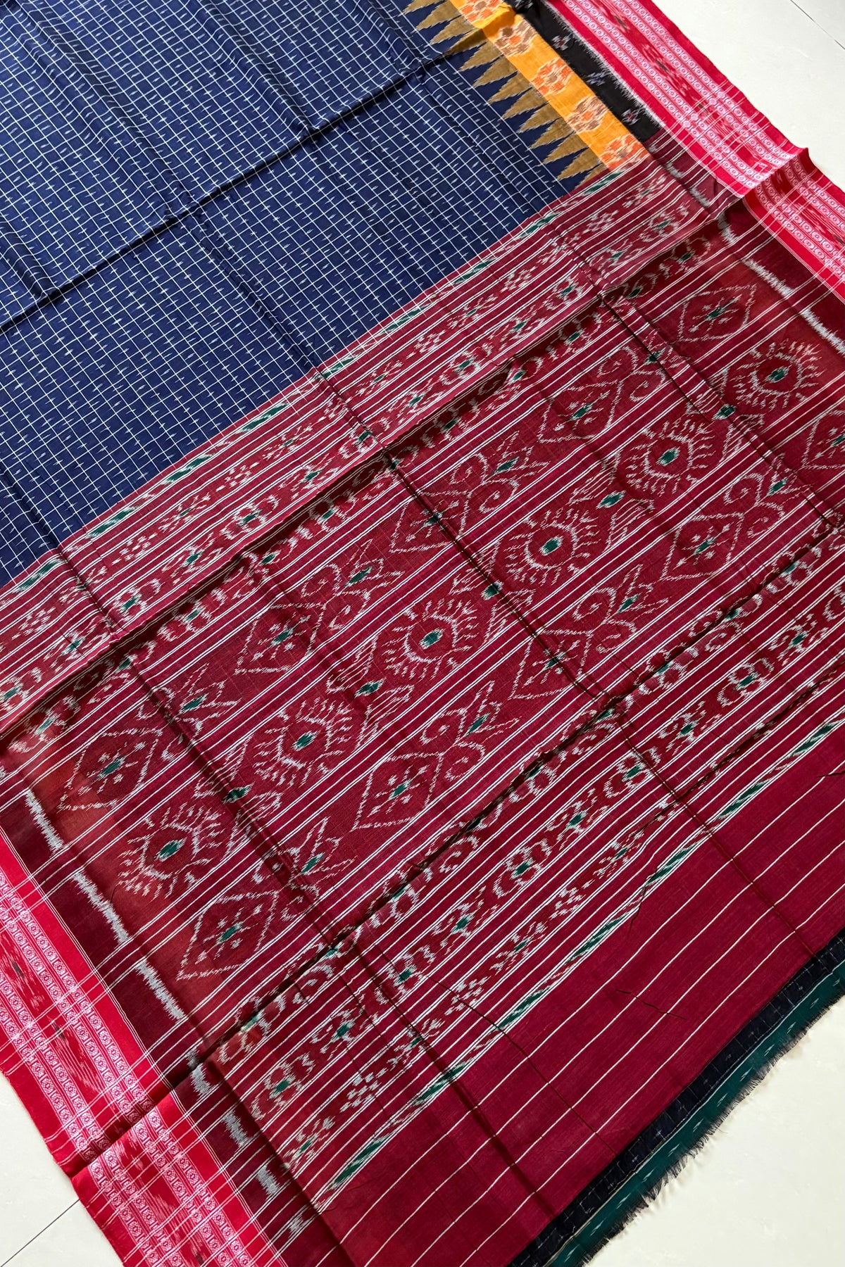 Odisha Ikkat Khandua Cotton Saree - Dark Navy Blue