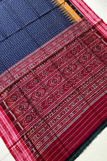 Odisha Ikkat Khandua Cotton Saree - Dark Navy Blue