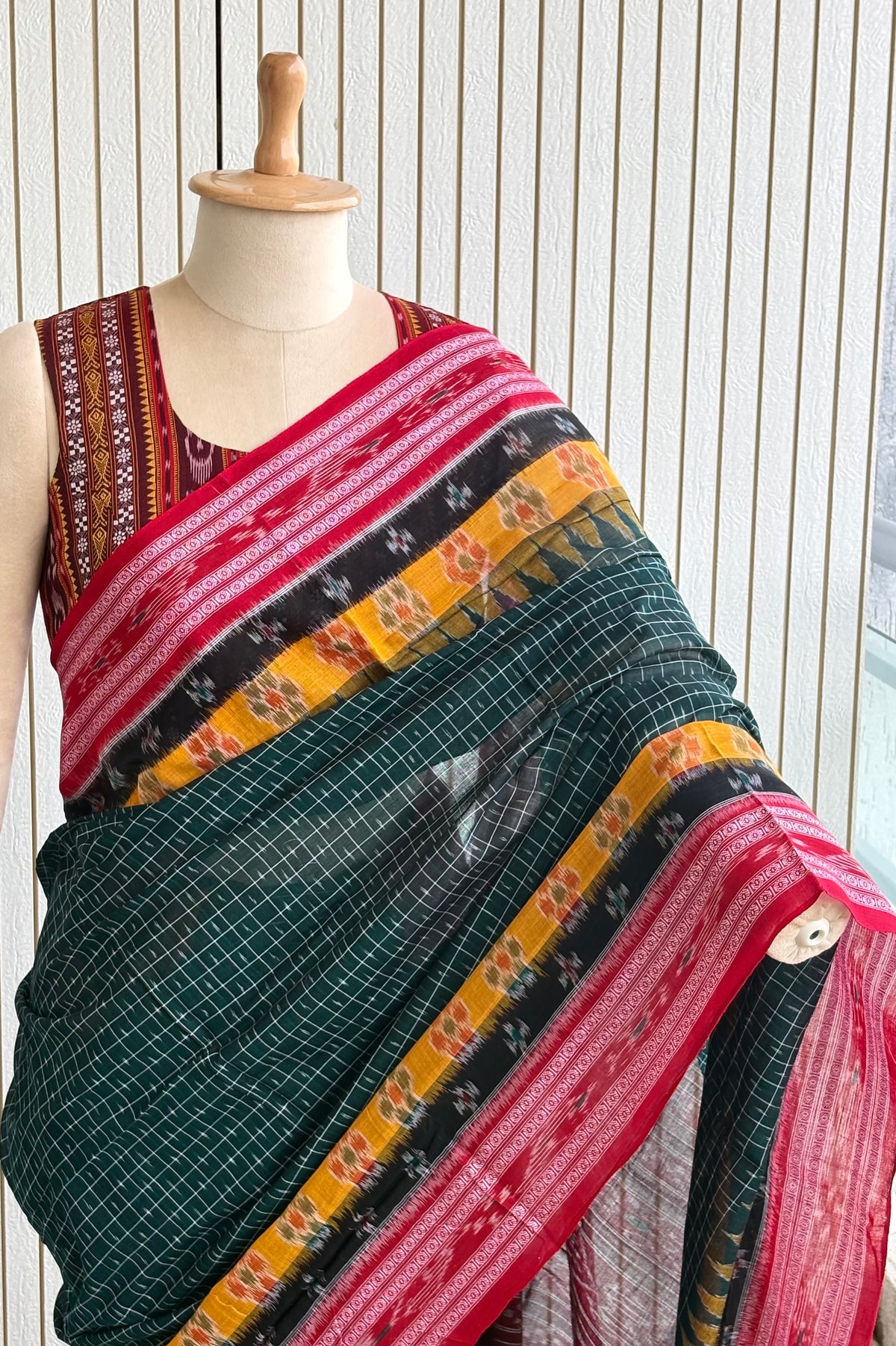 Odisha Ikkat Khandua Cotton Saree - Bottle Green