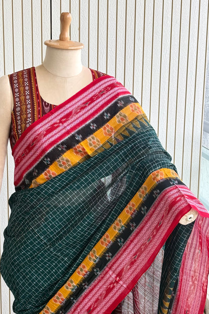 Odisha Ikkat Khandua Cotton Saree - Bottle Green