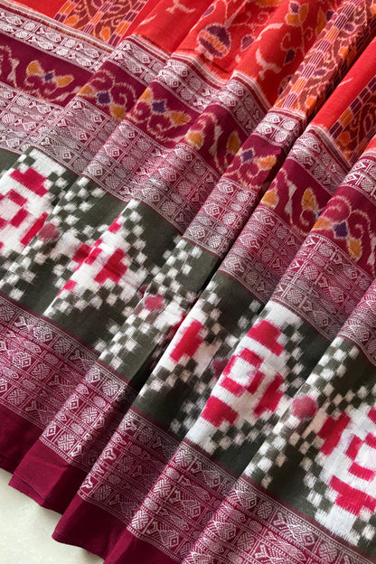 Exclusive Curvilinear Sambalpuri Ikkat Pure Cotton Saree : Rust Orange & Olive