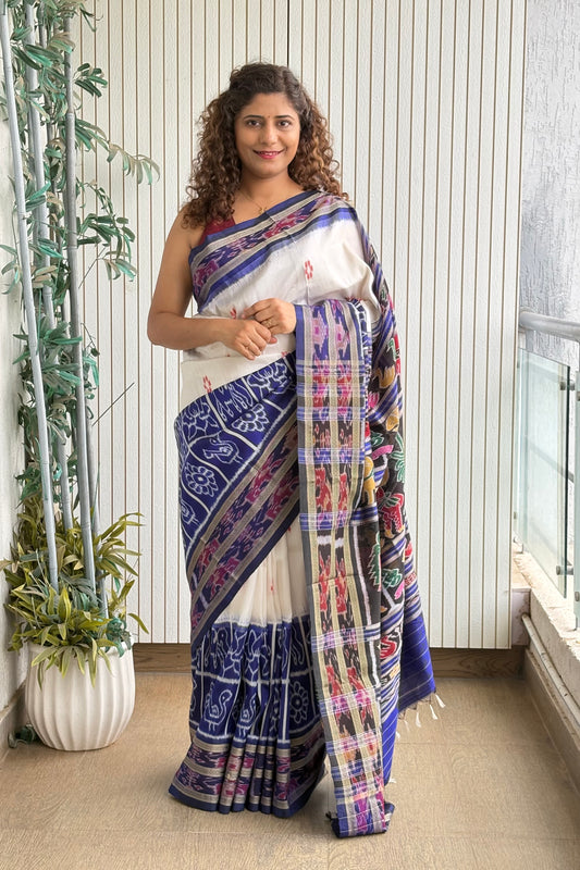 Exclusive Odisha Ikkat Nuapatna Silk Saree - White-Navy Blue