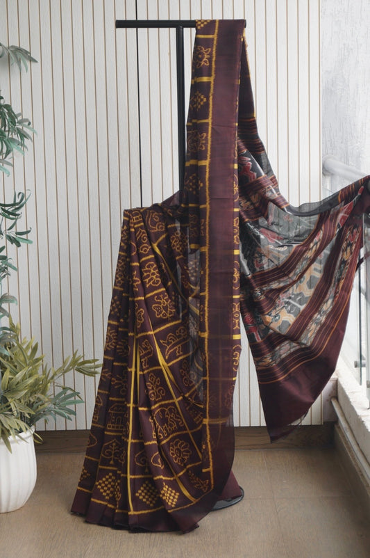 Exclusive Odisha Ikkat Nabakothi Pure Silk Saree- Deep Coffee
