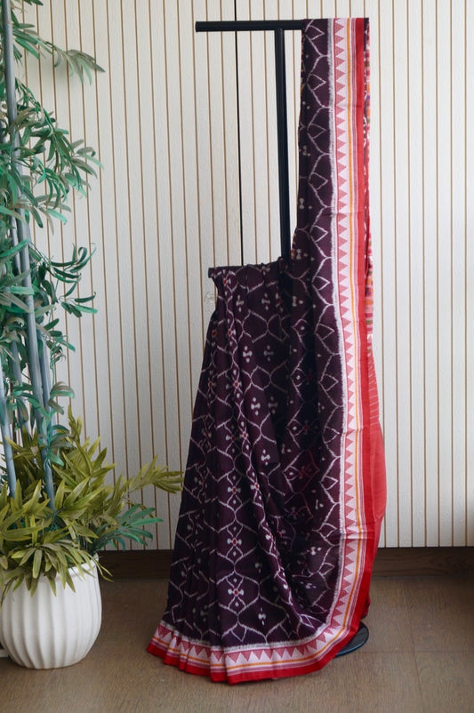 Exclusive Ikkat Dongria Pure Silk Saree- Deep Coffee