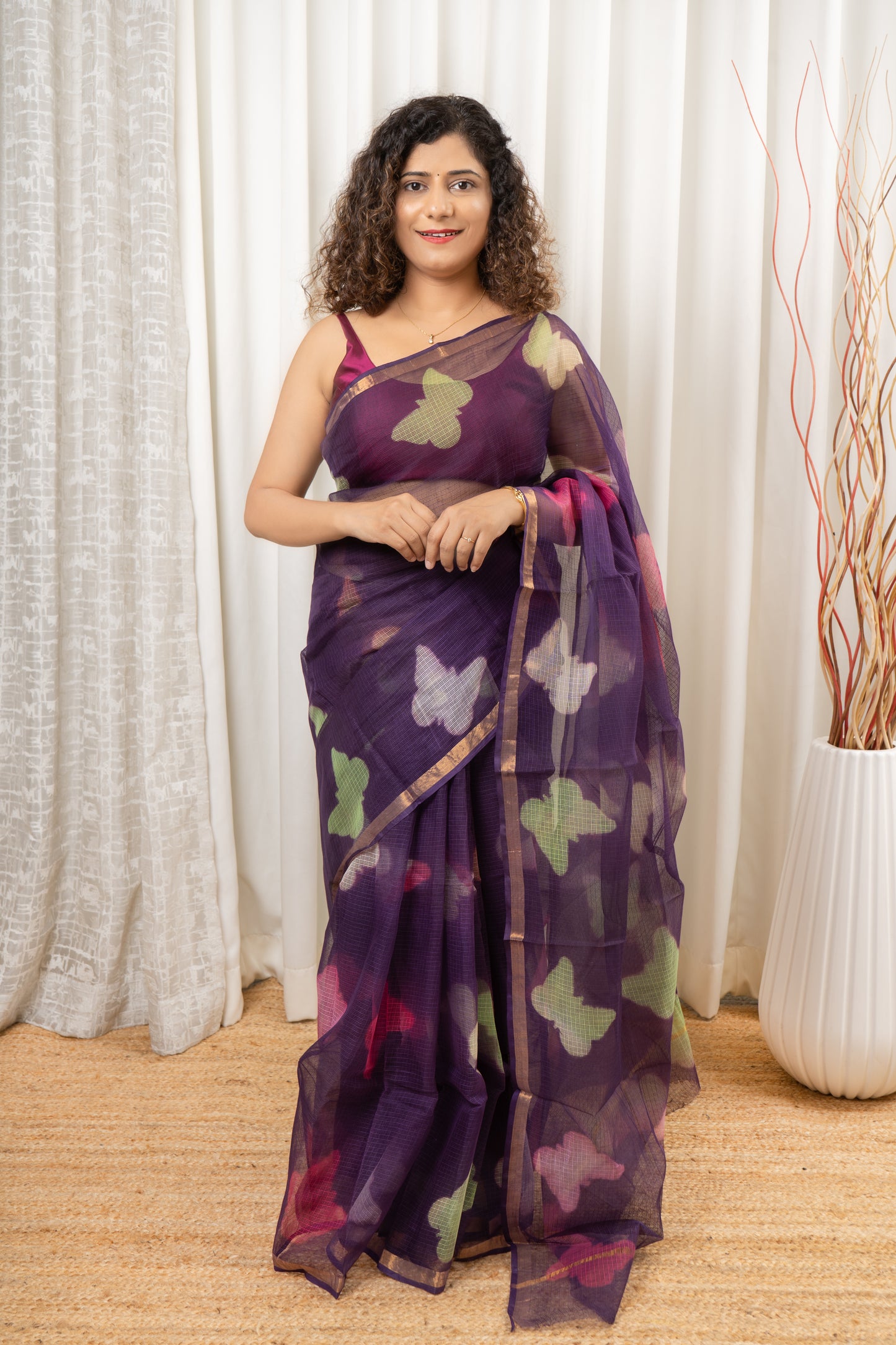 Pure Kota Cotton Hand Tie and Dye Shibori Saree- Deep Purple