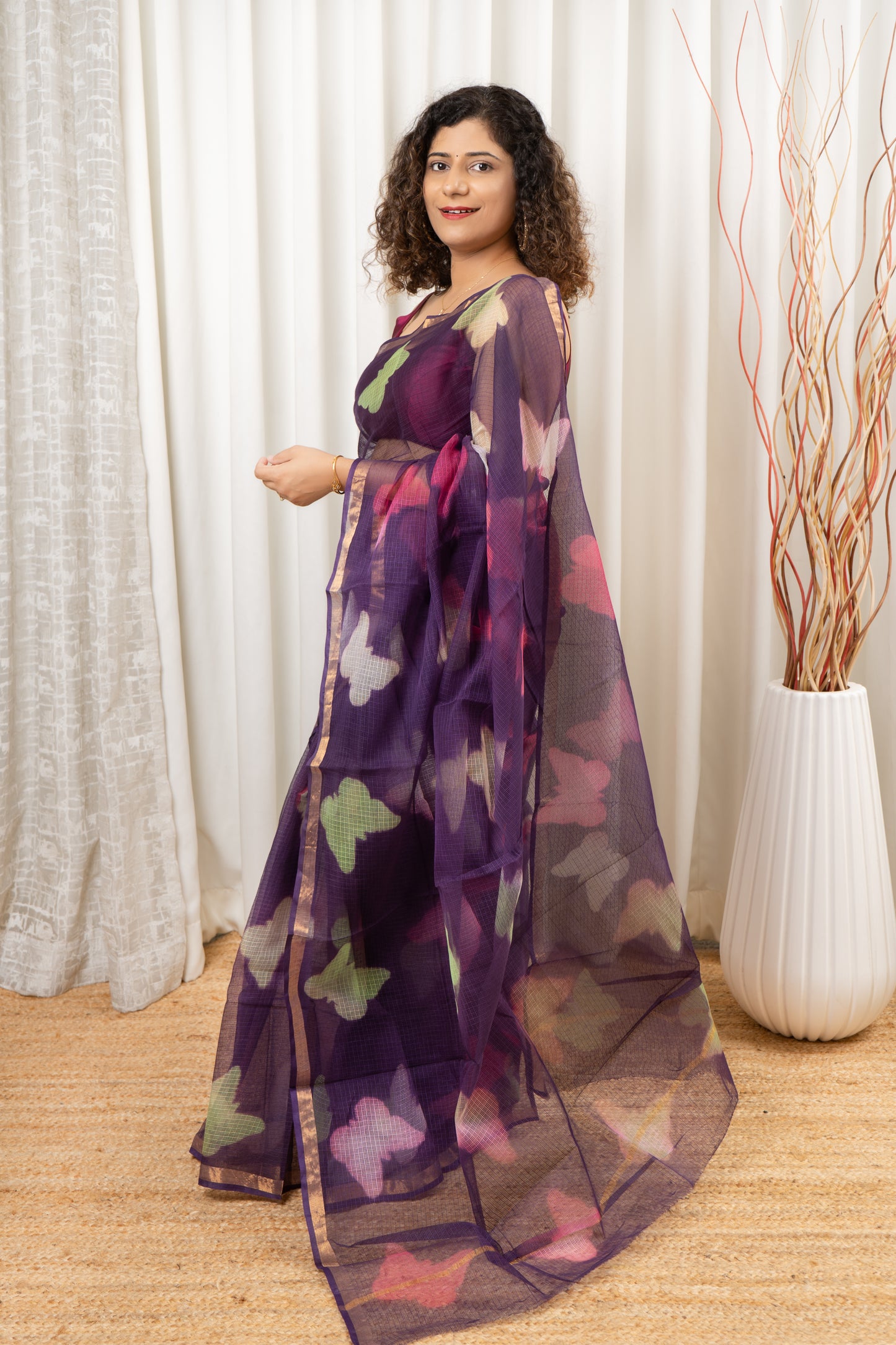 Pure Kota Cotton Hand Tie and Dye Shibori Saree- Deep Purple