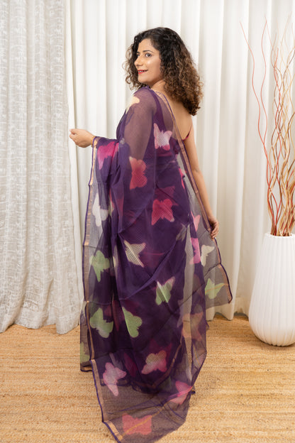 Pure Kota Cotton Hand Tie and Dye Shibori Saree- Deep Purple