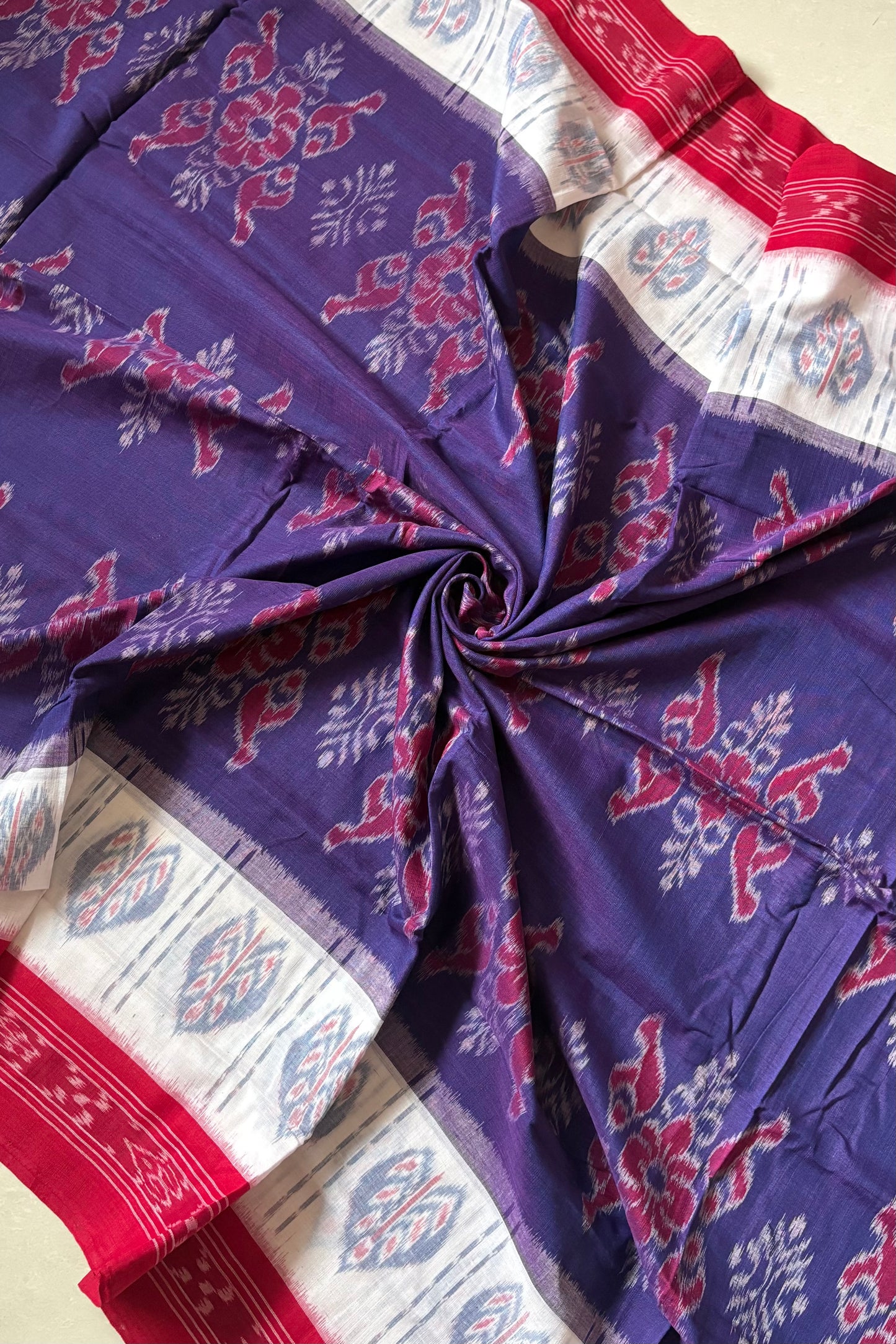 Odisha Ikkat Khandua Cotton Saree - Dual Tone Purple with White and Red