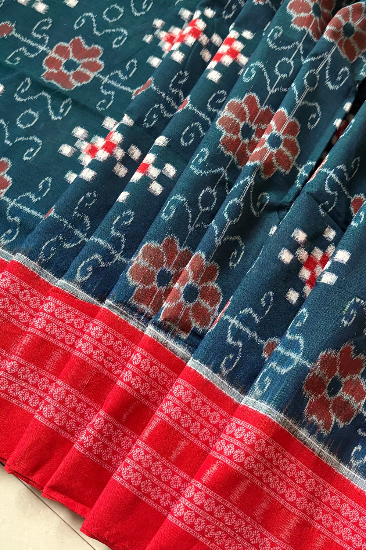Sambalpuri Pure Cotton Saree - Deep Teal Green