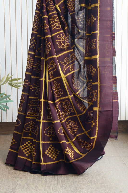 Exclusive Odisha Ikkat Nabakothi Pure Silk Saree- Deep Coffee