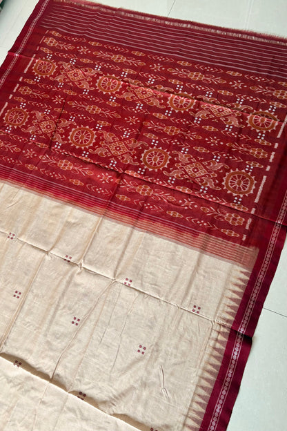 Ek Phulia Cotton Saree - Beige & Maroon