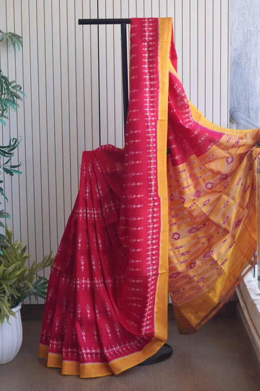 Odisha Ikkat Khandua Pure Silk Saree- Dual Tone Carrot Red