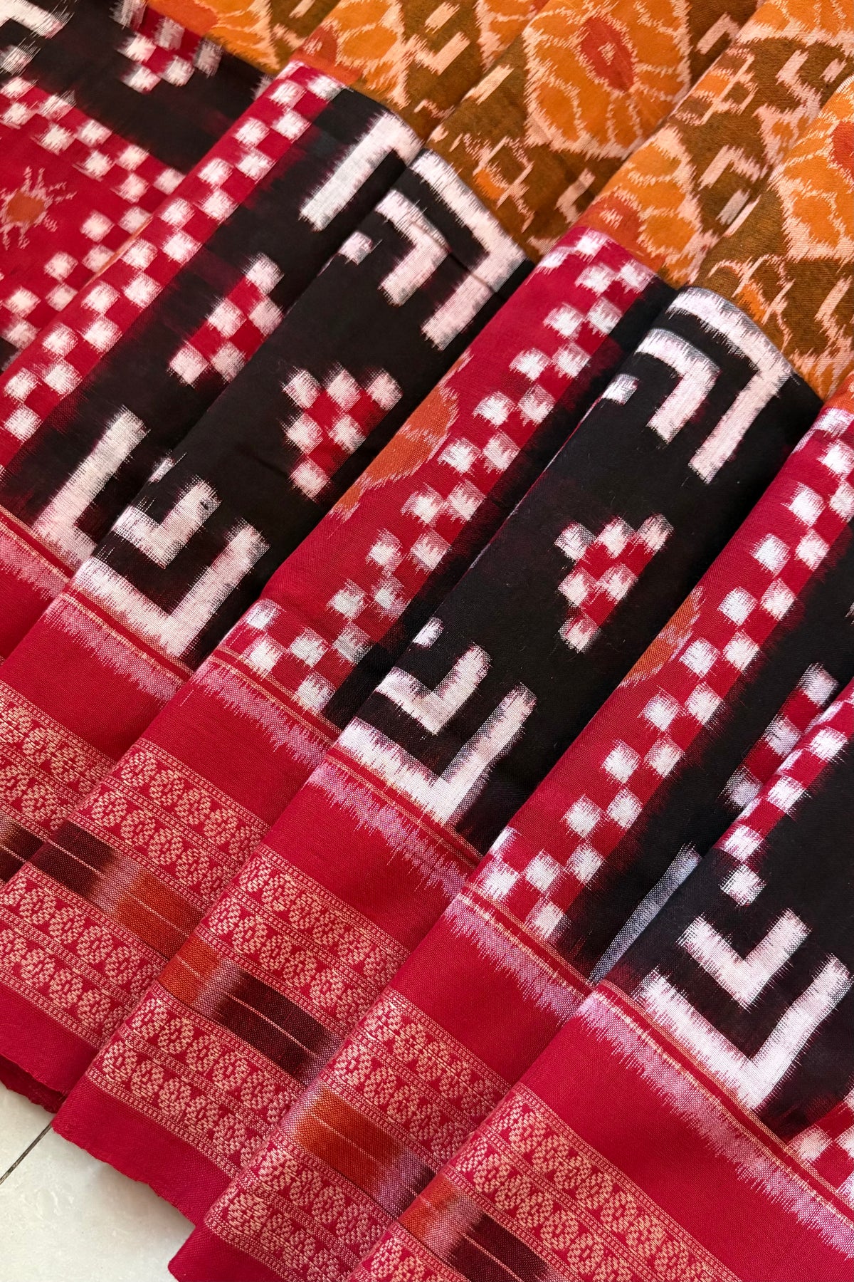 Sambalpuri Pure Cotton Saree - Mustard & Red