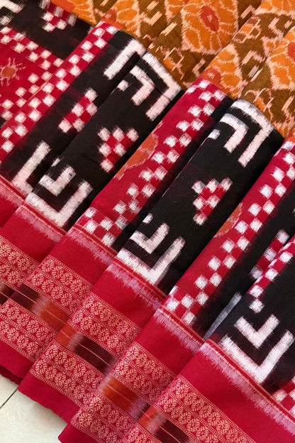 Sambalpuri Pure Cotton Saree - Mustard & Red