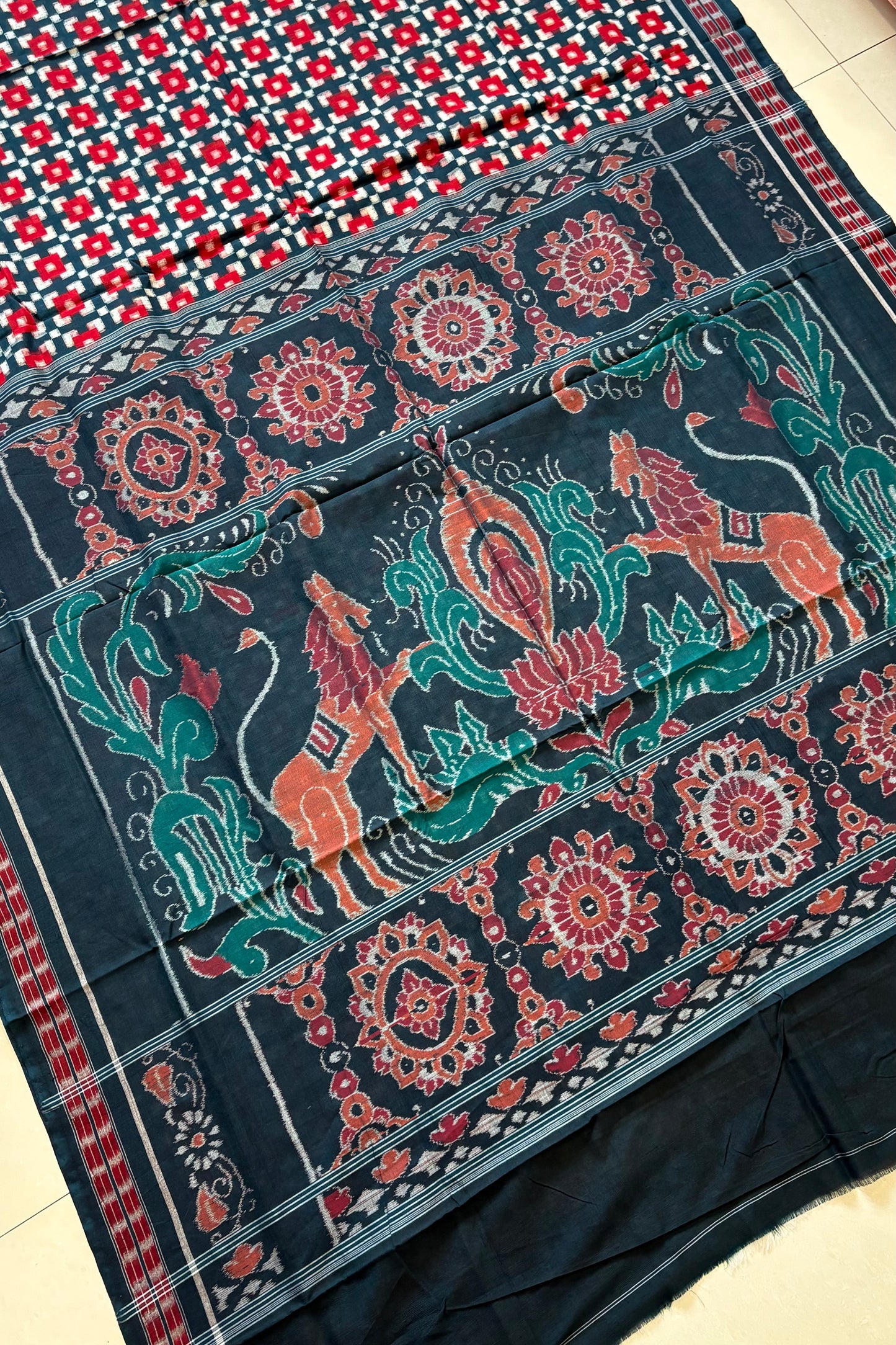 Sambalpuri Pure Cotton Saree - Dark Teal Green