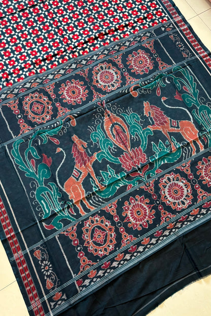 Sambalpuri Pure Cotton Saree - Dark Teal Green