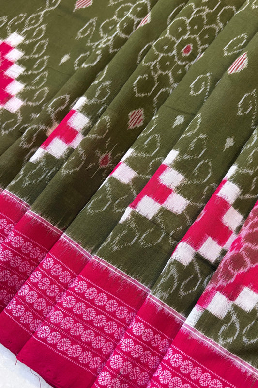 Sambalpuri Pure Cotton Saree - Mehendi Green