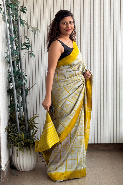 Exclusive Odisha Ikkat Nabakothi Pure Silk Saree- Silver Grey & Yellow