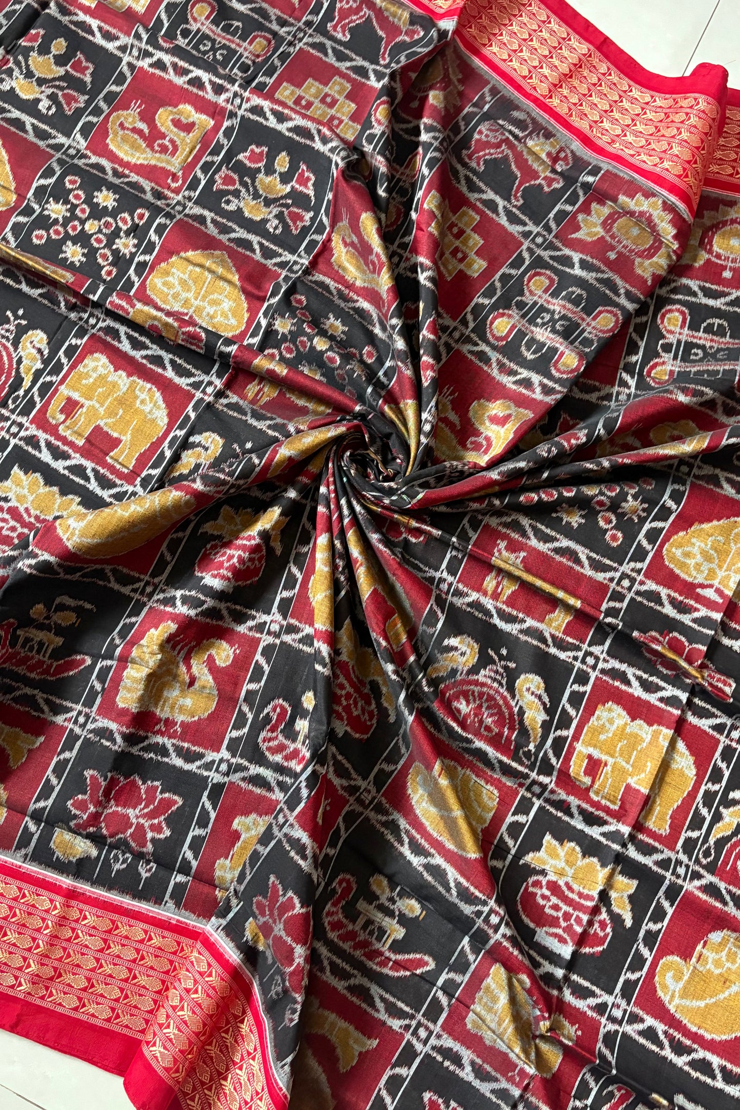 Exclusive Nabakothi Sambalpuri Cotton Saree: Black & Red