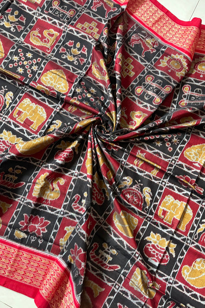 Exclusive Nabakothi Sambalpuri Cotton Saree: Black & Red