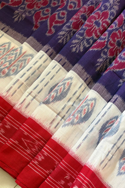 Odisha Ikkat Khandua Cotton Saree - Dual Tone Purple with White and Red