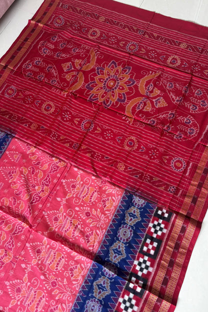 Exclusive Curvilinear Sambalpuri Ikkat Pure Cotton Saree - Pink, Blue & Red