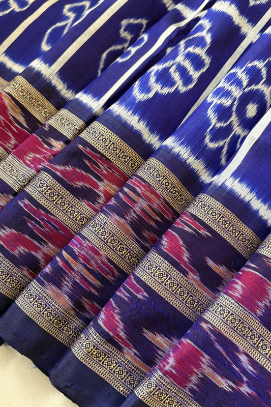 Exclusive Odisha Ikkat Nuapatna Silk Saree - White-Navy Blue