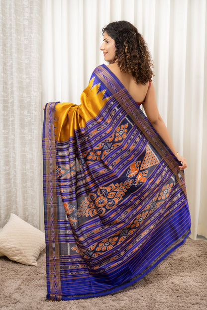 Bandha Border Khandua Ikkat Silk Saree - Mustard Gold