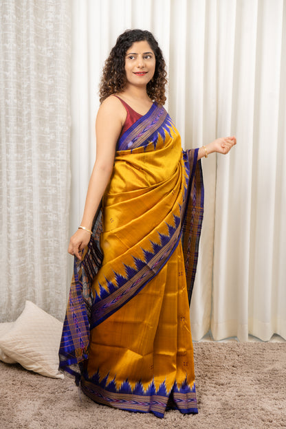 Bandha Border Khandua Ikkat Silk Saree - Mustard Gold