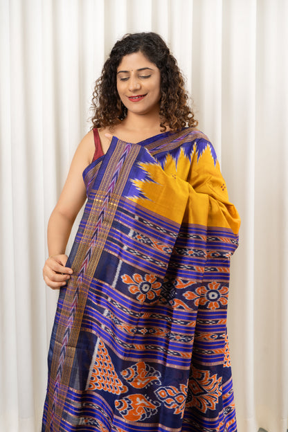 Bandha Border Khandua Ikkat Silk Saree - Mustard Gold