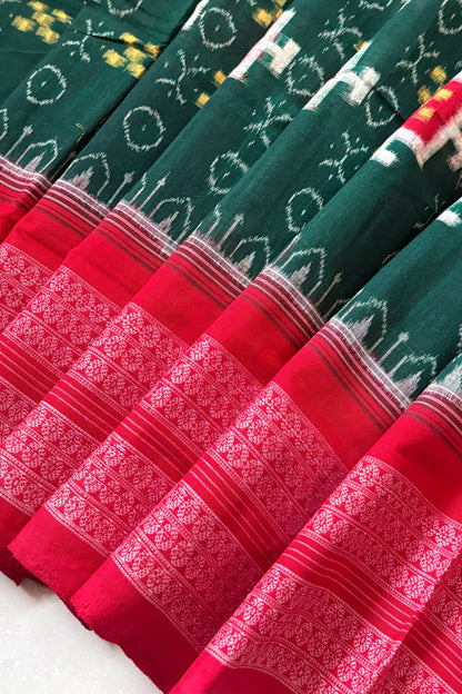 Sambalpuri Pure Cotton Saree - Bottle Green