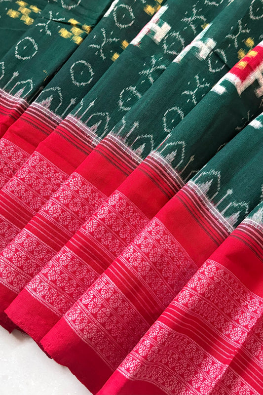 Sambalpuri Pure Cotton Saree - Bottle Green