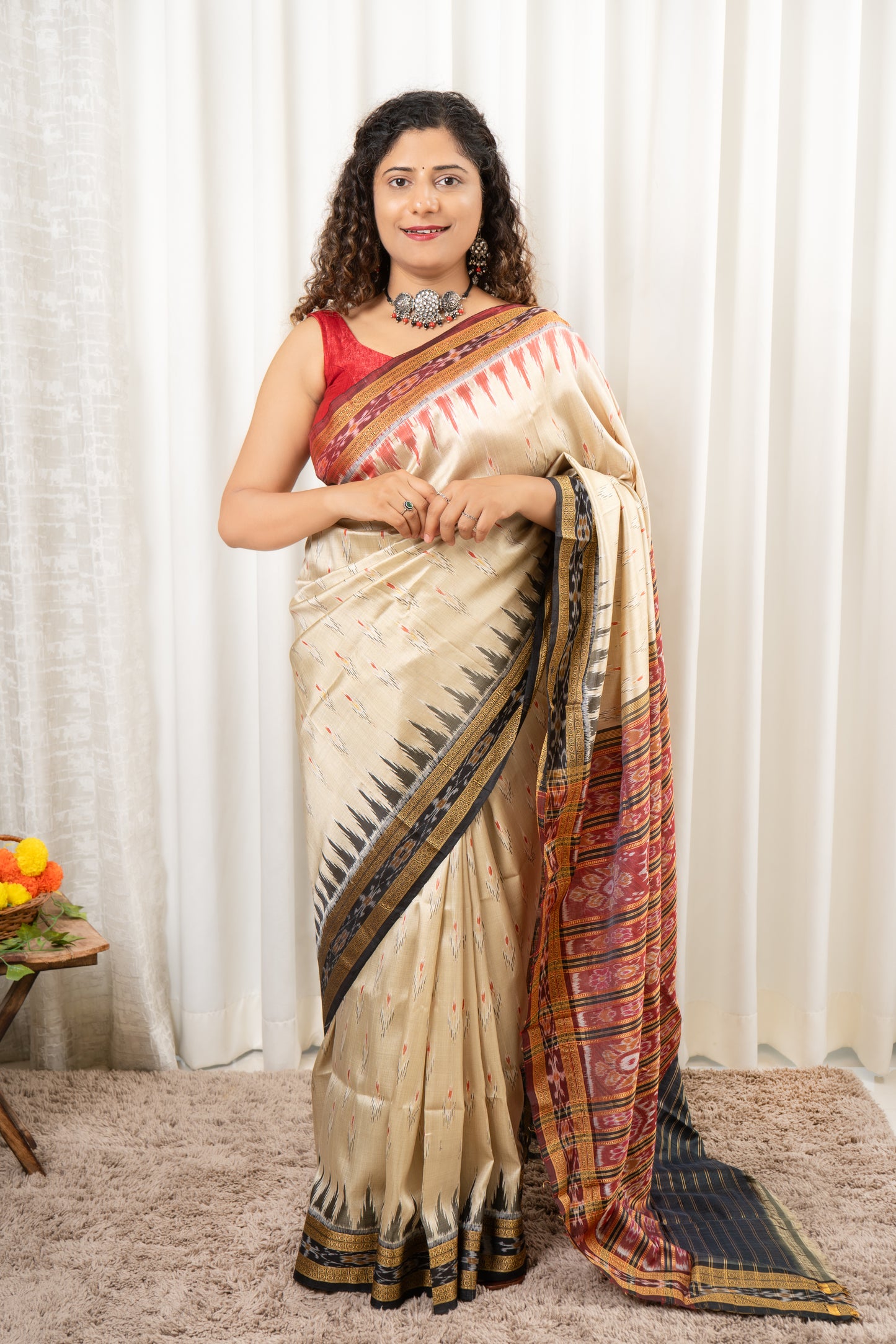 Odisha Ikkat Khandua Silk Saree - Mayura Chandrika- Sandy Beige