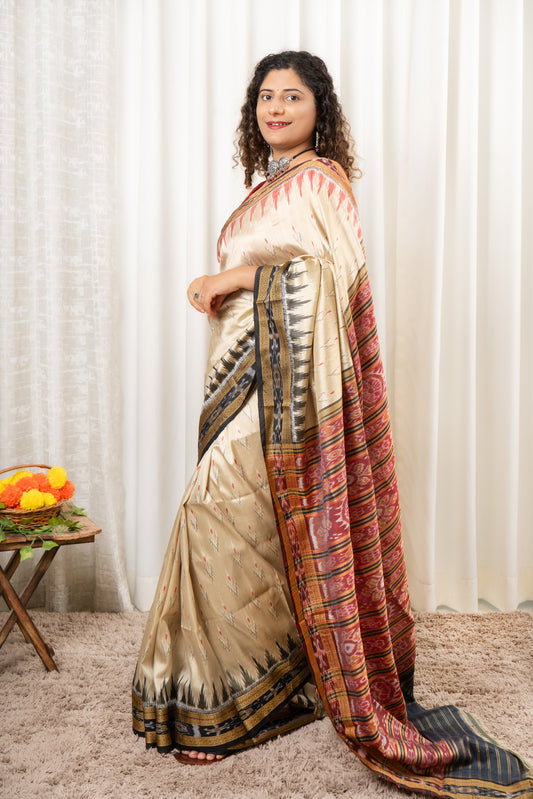 Odisha Ikkat Khandua Silk Saree - Mayura Chandrika- Sandy Beige
