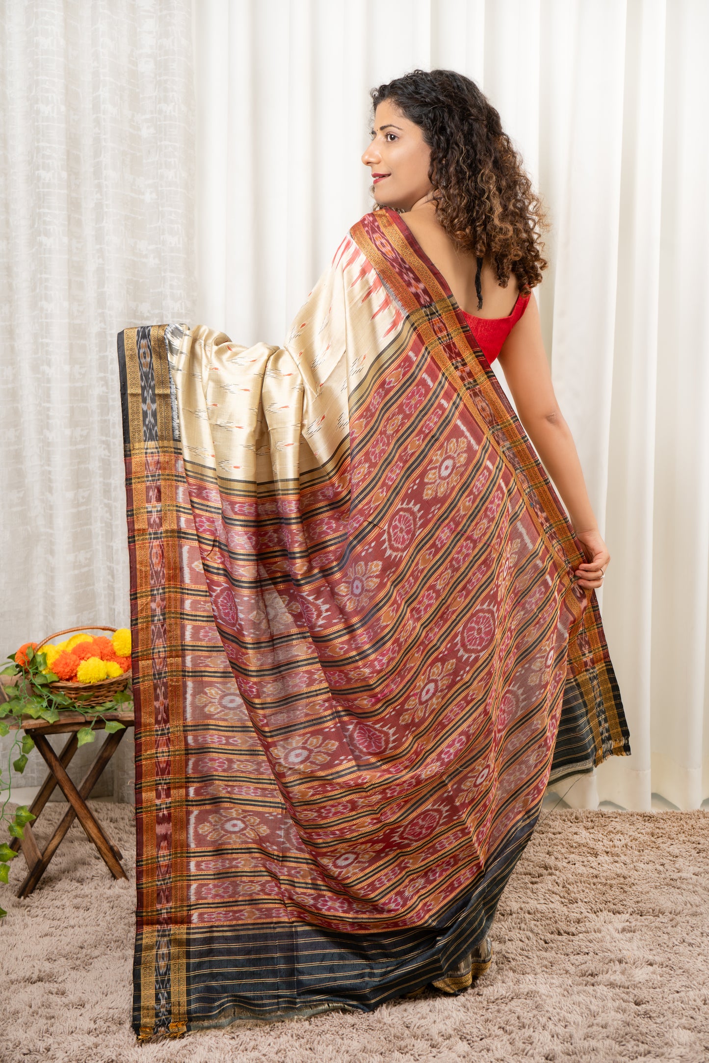 Odisha Ikkat Khandua Silk Saree - Mayura Chandrika- Sandy Beige